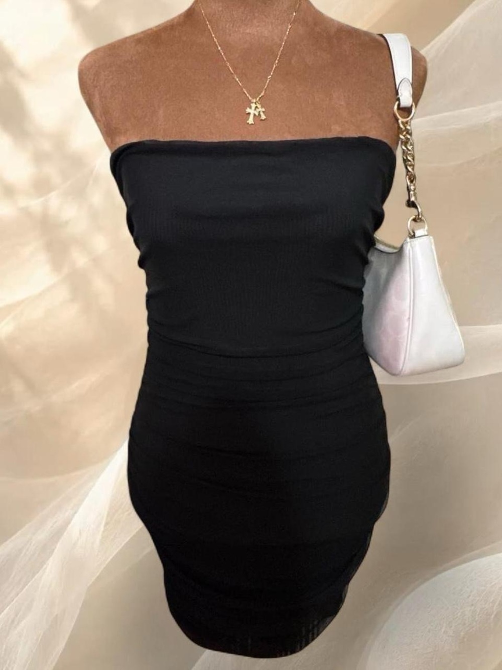 FOREVER 21 Black Ruched Mesh Strapless Bodycon Tube Mini Dress S
